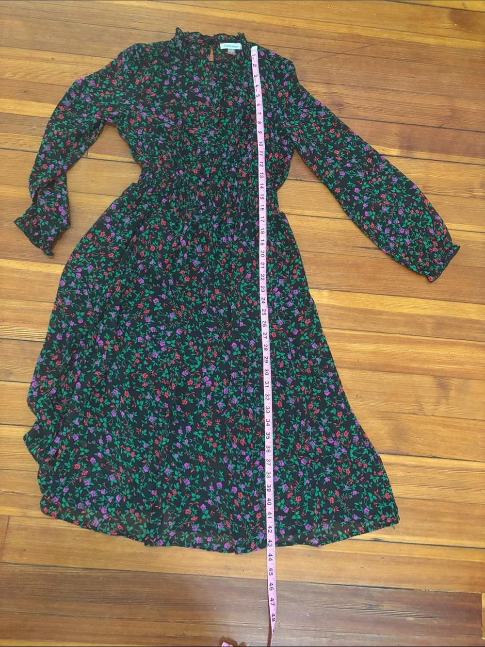 Ladies' Black Floral Midi Dress with Magenta & Red Blooms